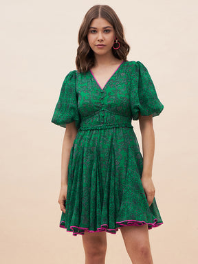 Green Paisley Printed Mini Dress