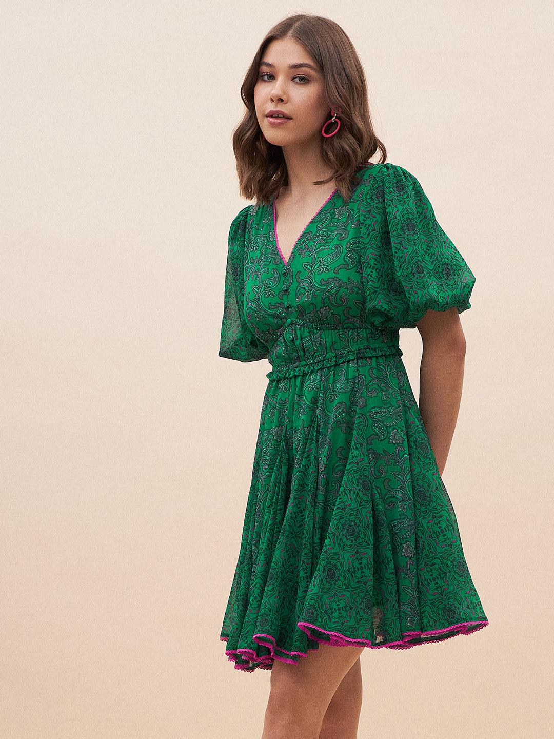 Green Paisley Printed Mini Dress