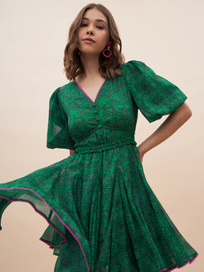 Green Paisley Printed Mini Dress