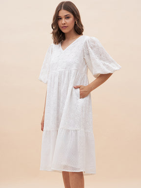 White Cotton Schiffli V Neck Midi Dress
