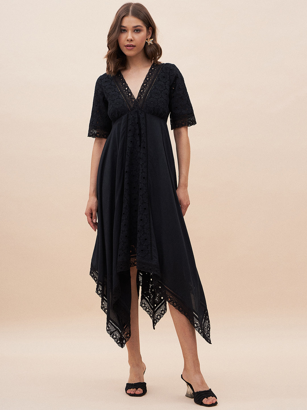 Black V Neck Asymmetric Midi Dress