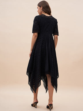 Black V Neck Asymmetric Midi Dress