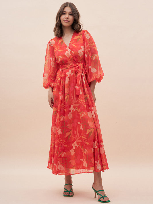 Orange Floral Printed Wrap Maxi Dress