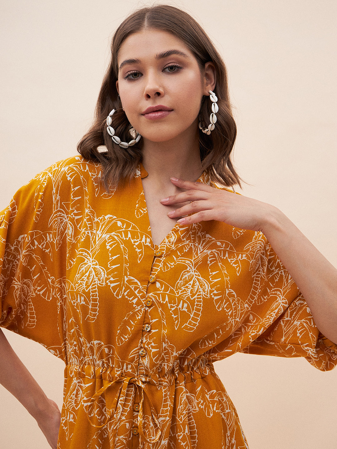 Mustard Palm Leaf Printed Tie-Up Playsuit