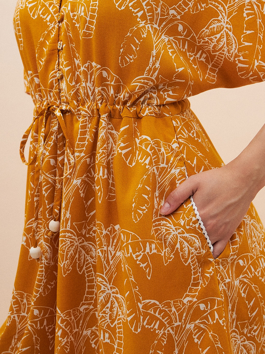 Mustard Palm Leaf Printed Tie-Up Playsuit