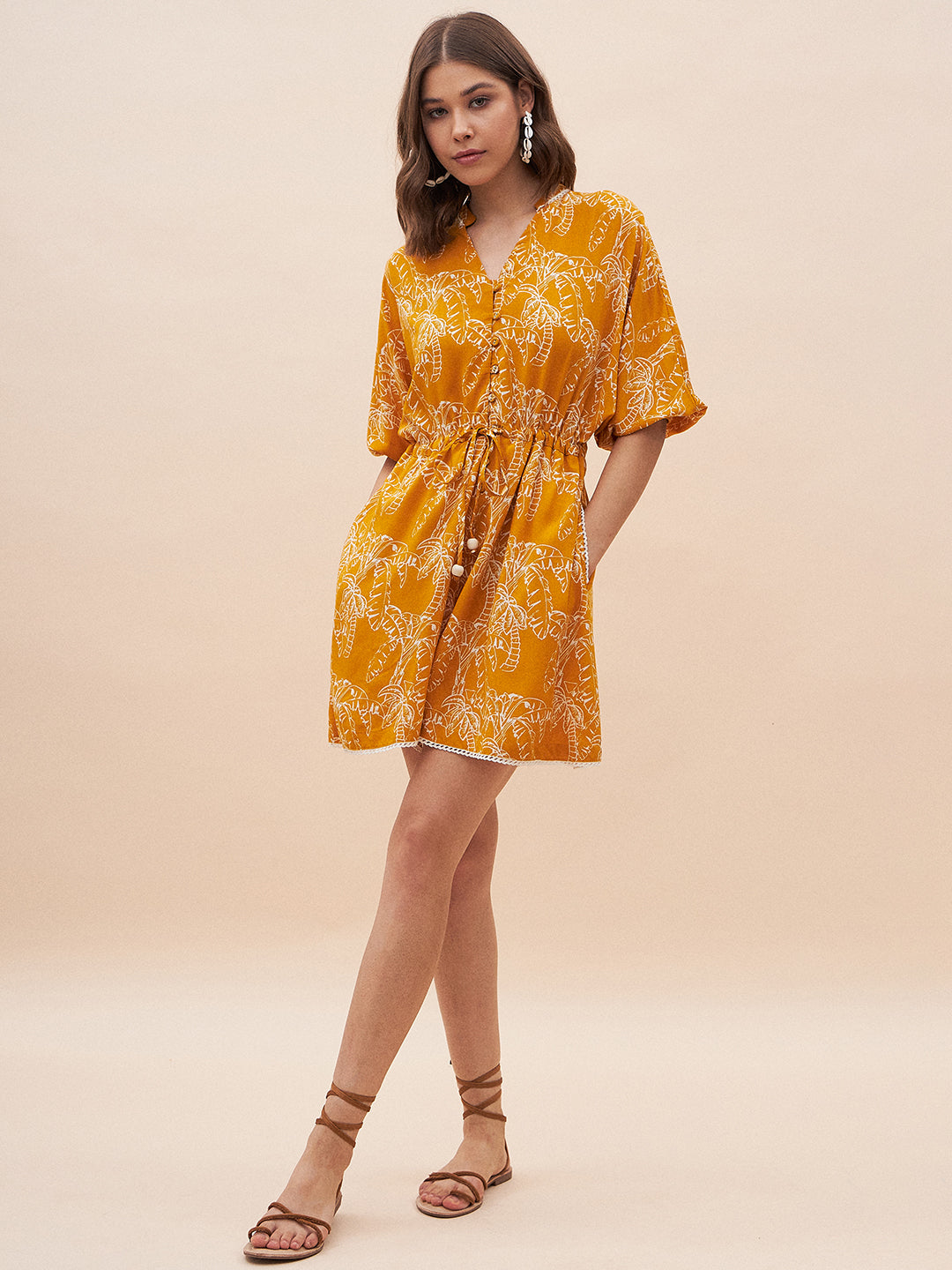 Mustard Palm Leaf Printed Tie-Up Playsuit