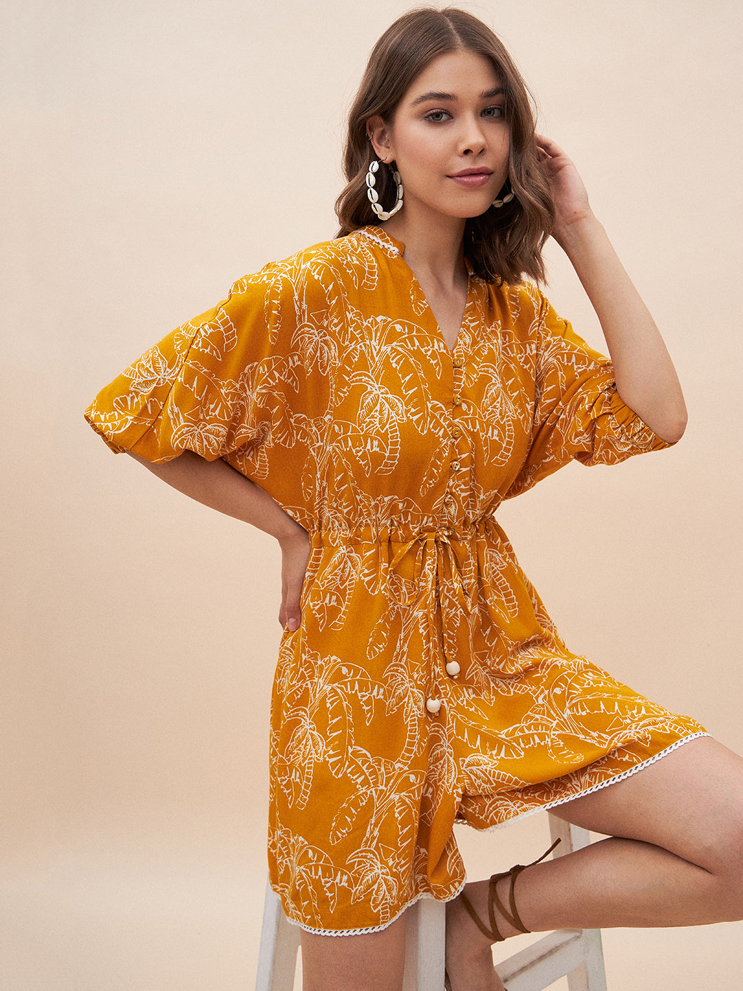 Mustard Palm Leaf Printed Tie-Up Playsuit