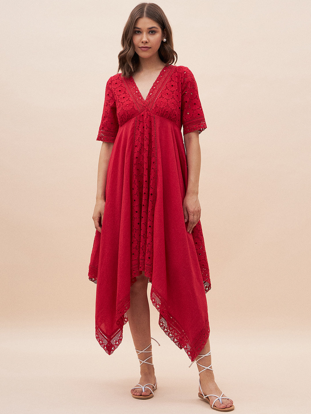 Red V Neck Asymmetric Midi Dress