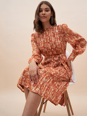 Orange Floral Lurex Midi Shirt Dress