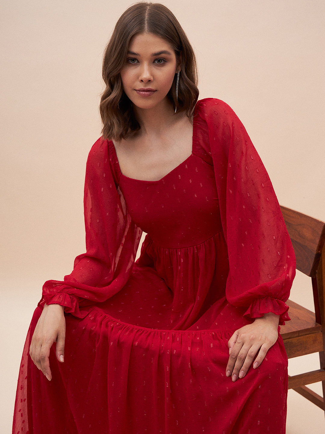 Red Lurex Tiered Maxi Dress