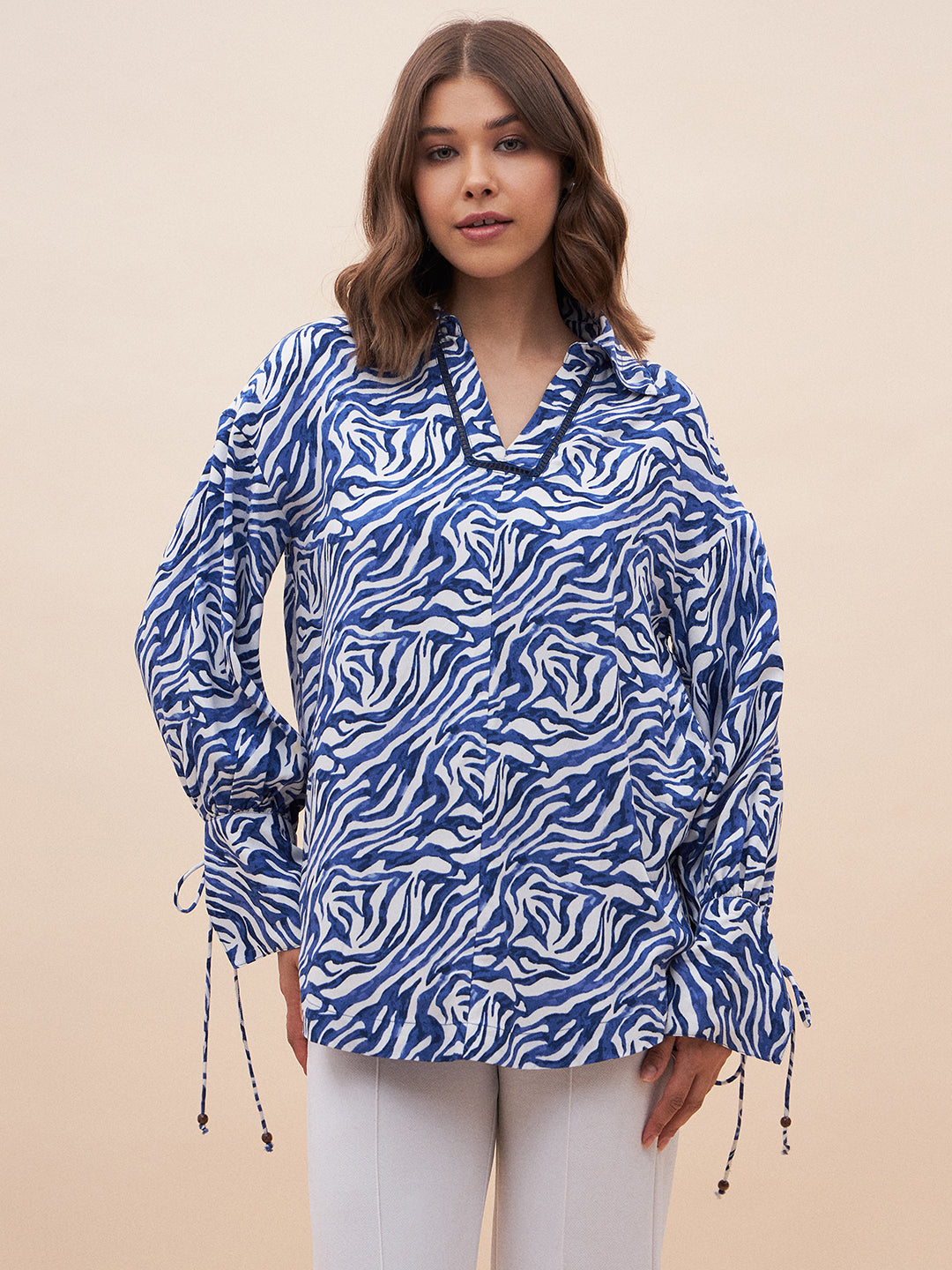 Blue Animal Print Ladder Lace Detail Top