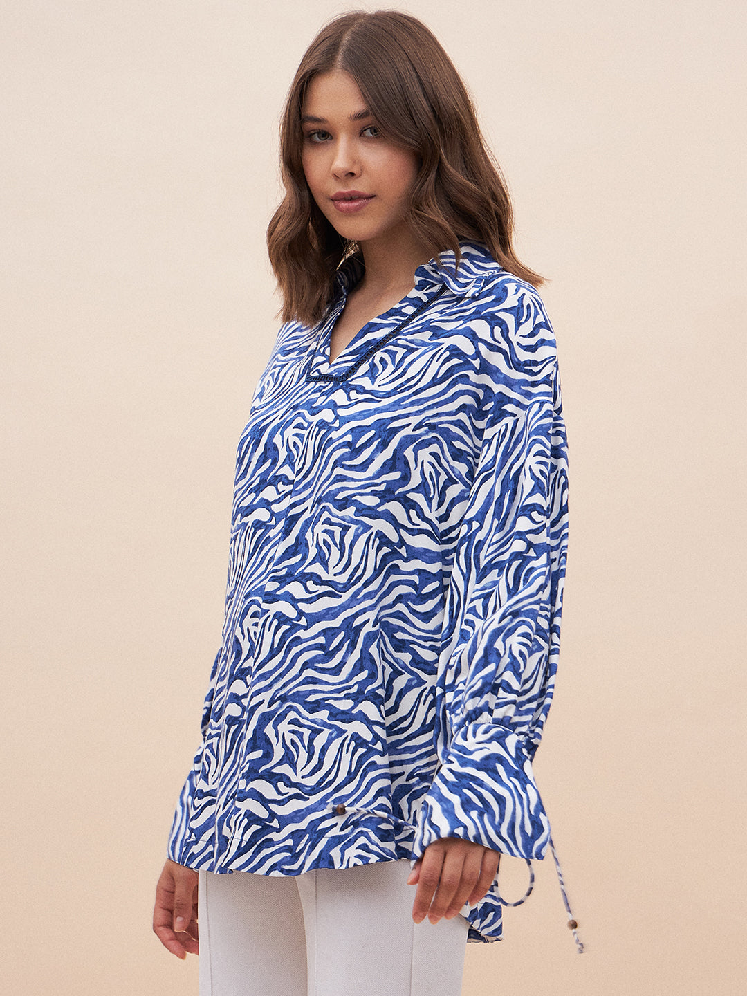 Blue Animal Print Ladder Lace Detail Top