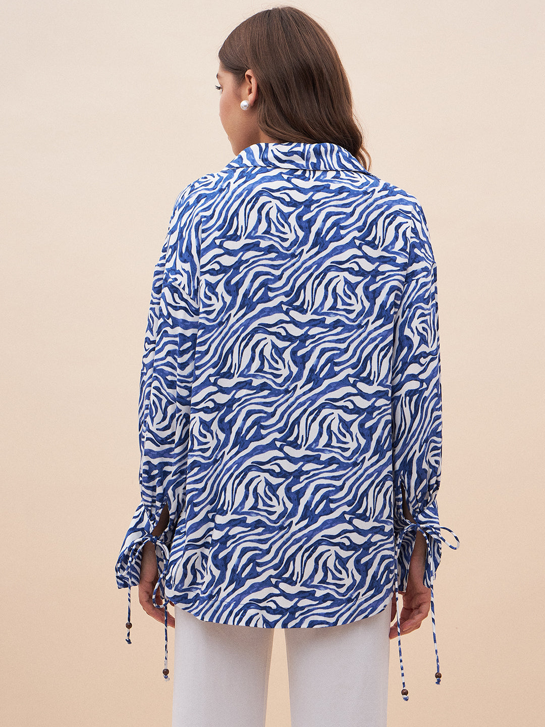 Blue Animal Print Ladder Lace Detail Top