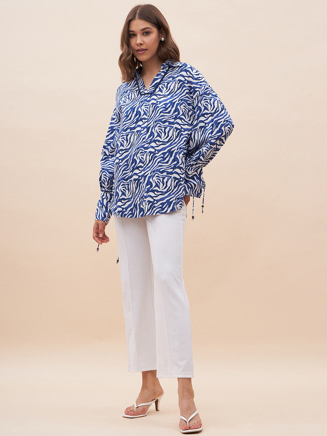 Blue Animal Print Ladder Lace Detail Top