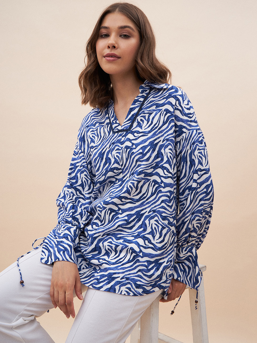 Blue Animal Print Ladder Lace Detail Top