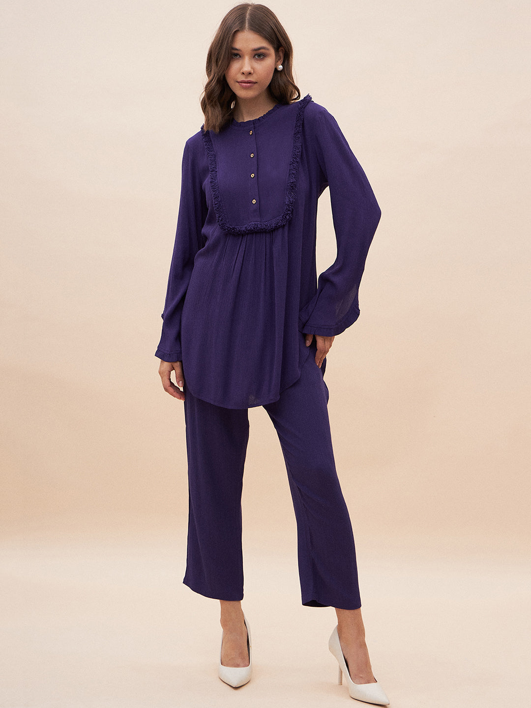 Purple Solid Fringe Detailed Co-Ord Set