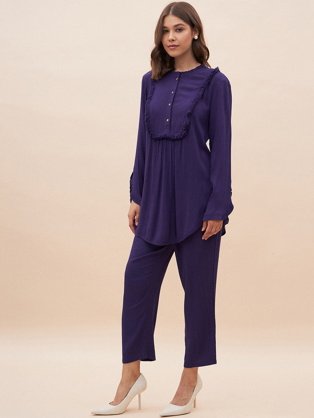 Purple Solid Fringe Detailed Co-Ord Set