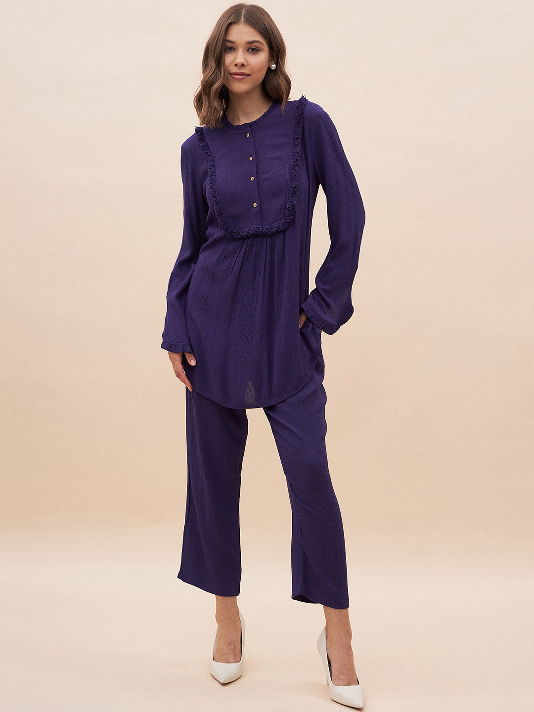 Purple Solid Fringe Detailed Co-Ord Set