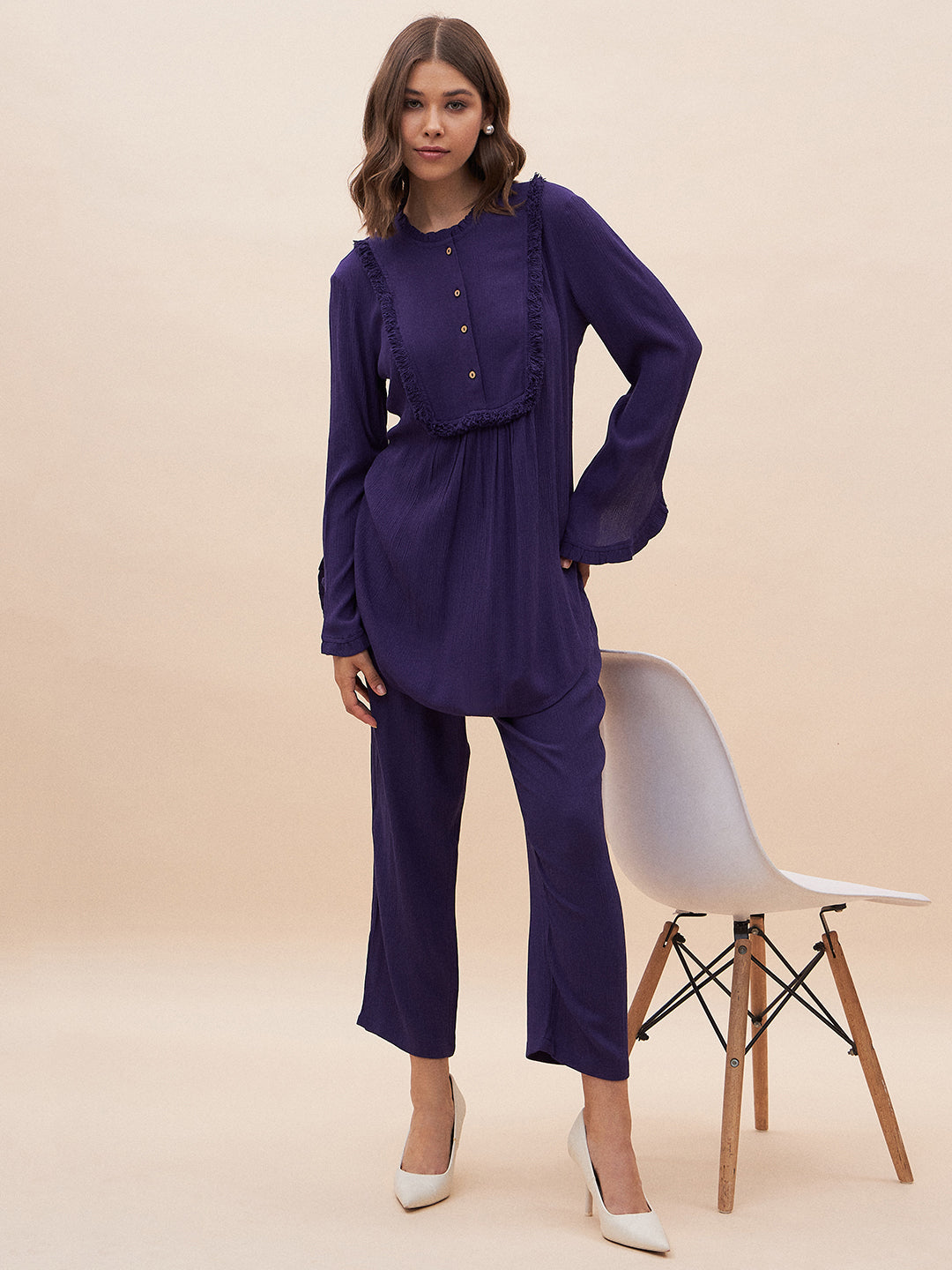 Purple Solid Fringe Detailed Co-Ord Set