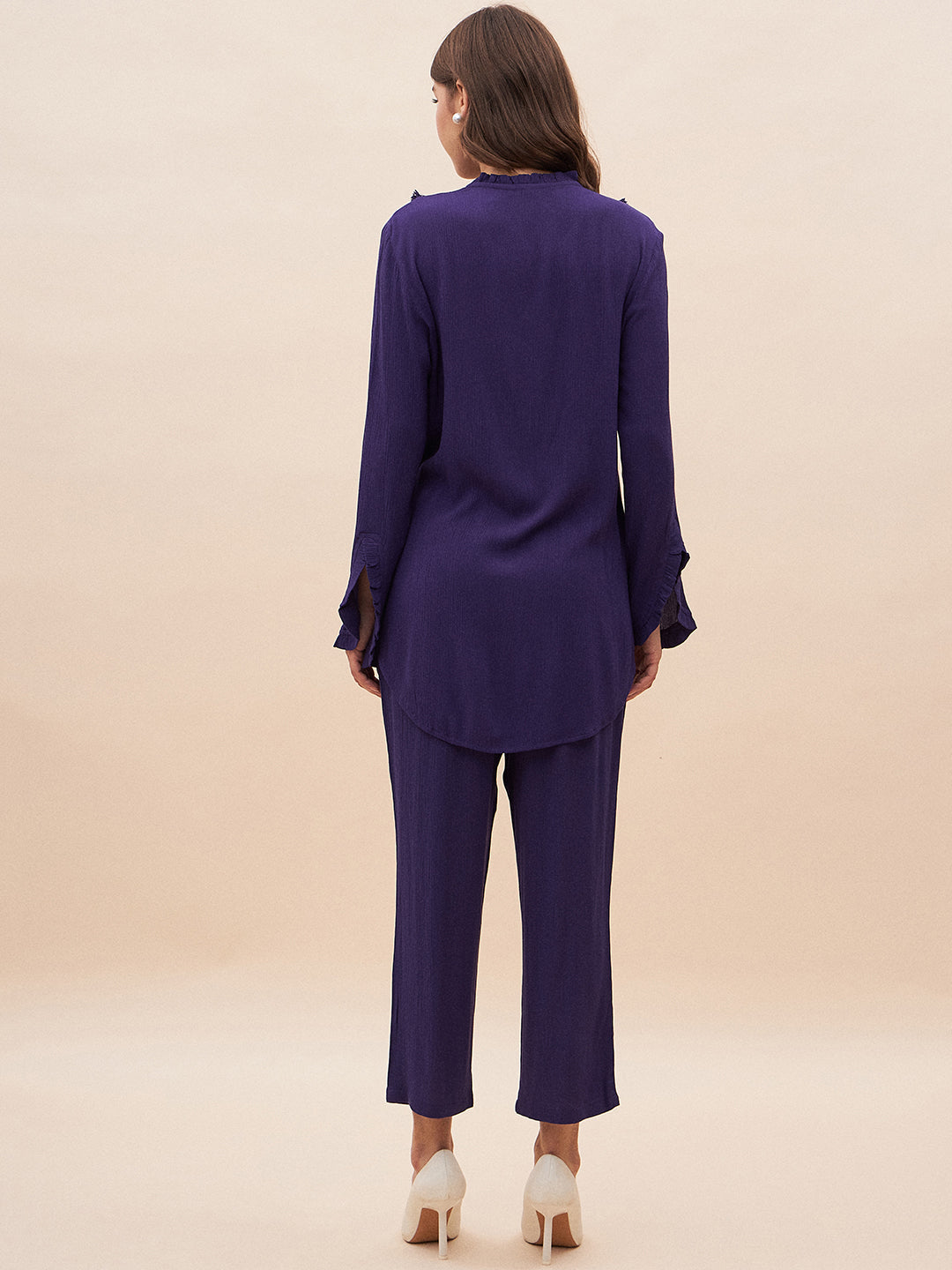 Purple Solid Fringe Detailed Co-Ord Set
