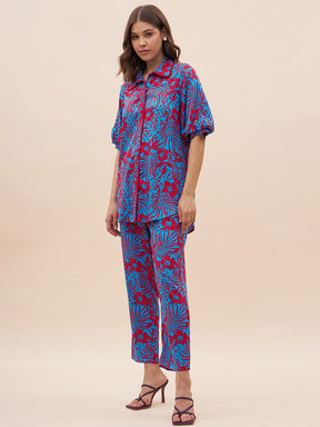 Blue And Red Floral Printed Shirt Co-Ord Set