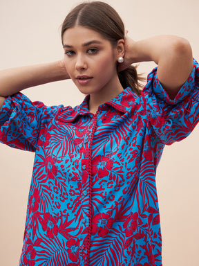 Blue And Red Floral Printed Shirt Co-Ord Set