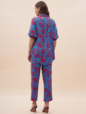 Blue And Red Floral Printed Shirt Co-Ord Set