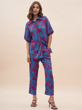 Blue And Red Floral Printed Shirt Co-Ord Set