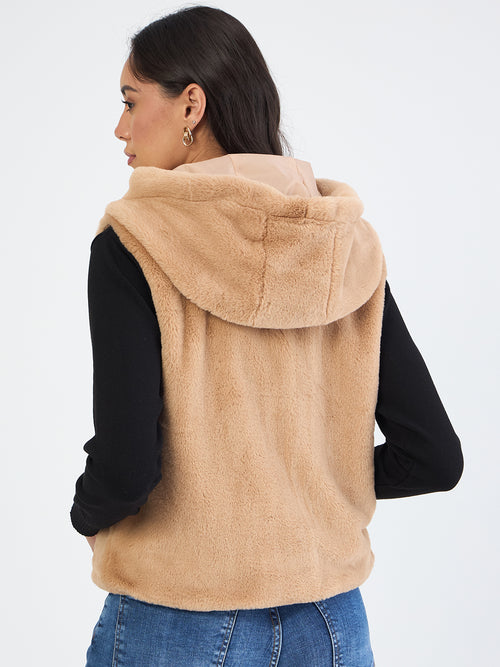 Beige Fur Sleeveless Hooded Jacket
