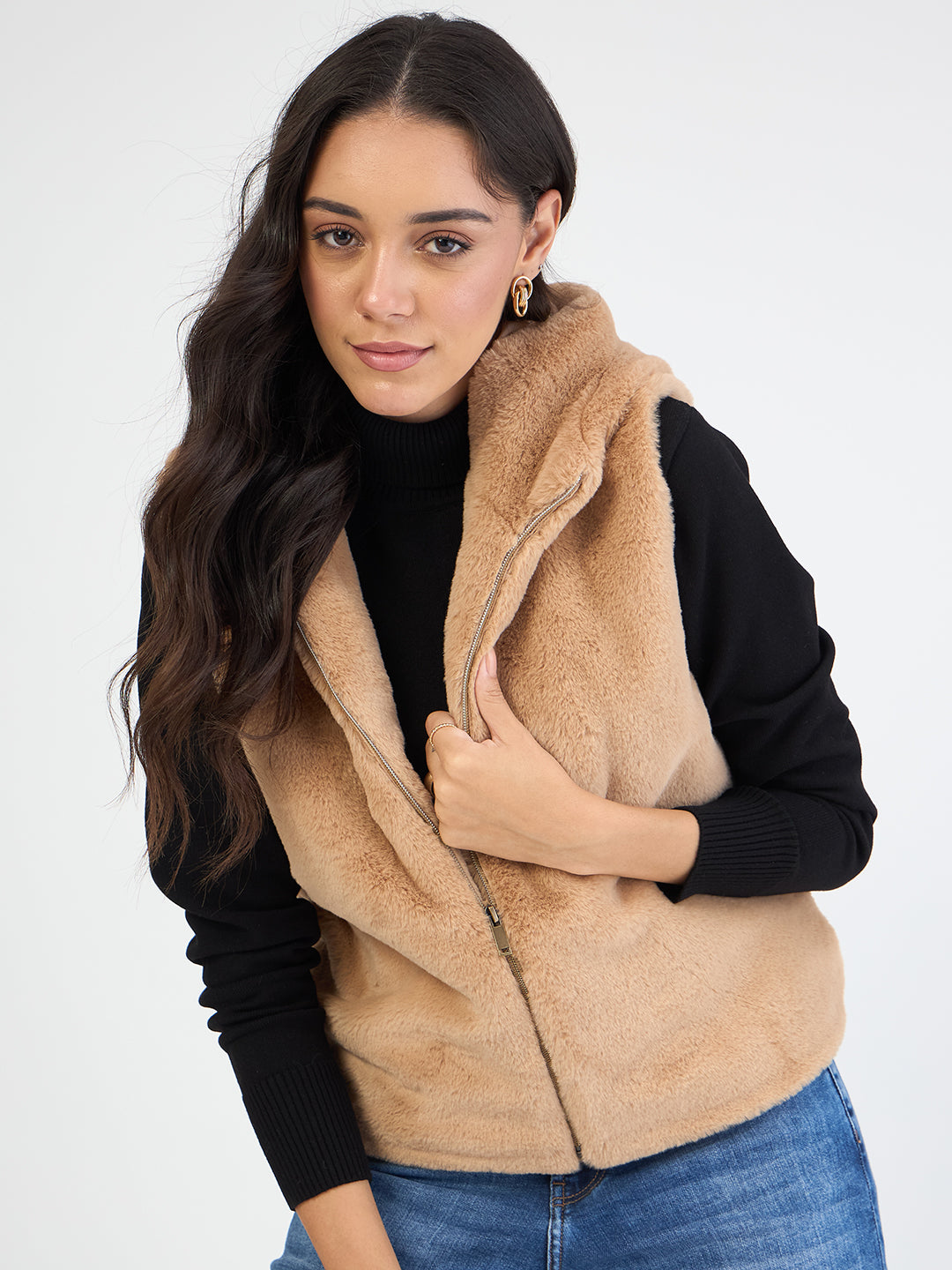 Beige Fur Sleeveless Hooded Jacket