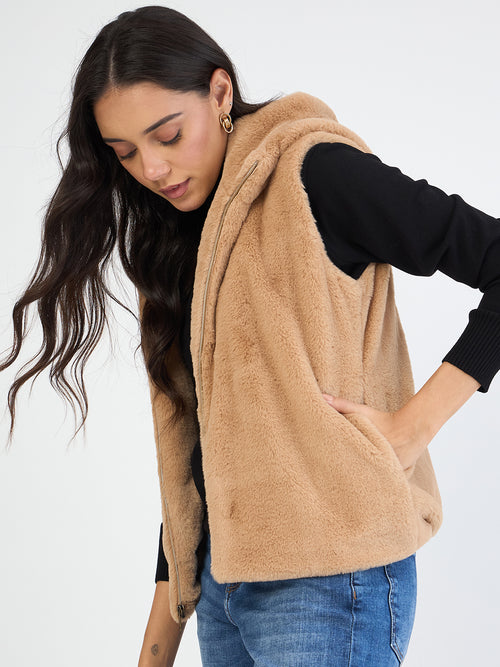 Beige Fur Sleeveless Hooded Jacket