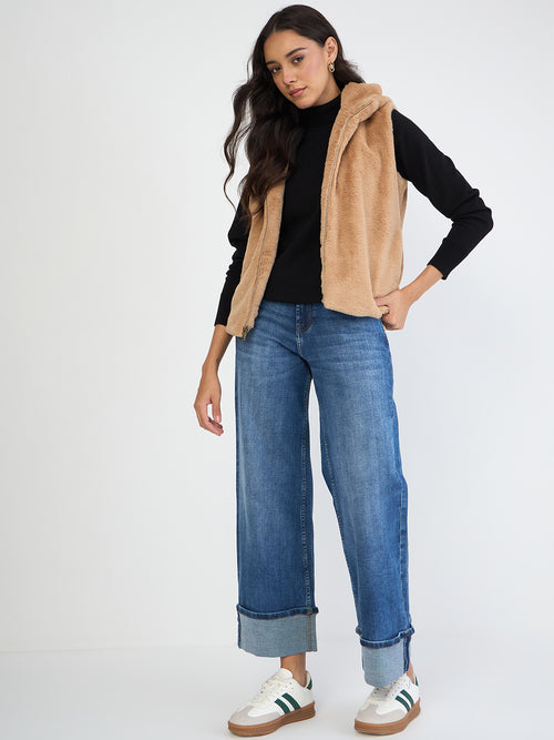 Beige Fur Sleeveless Hooded Jacket