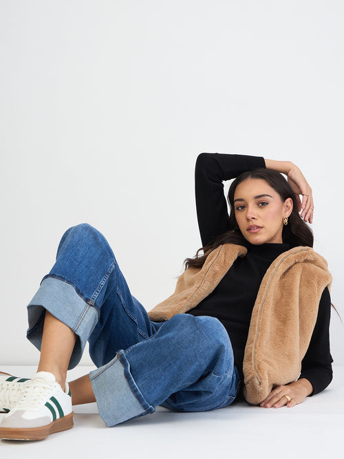 Beige Fur Sleeveless Hooded Jacket