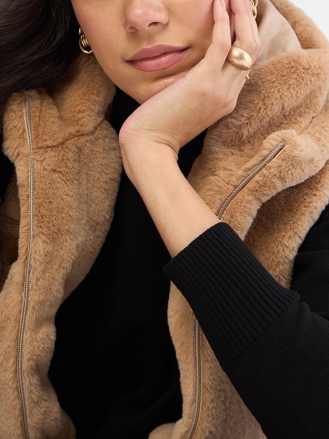 Beige Fur Sleeveless Hooded Jacket