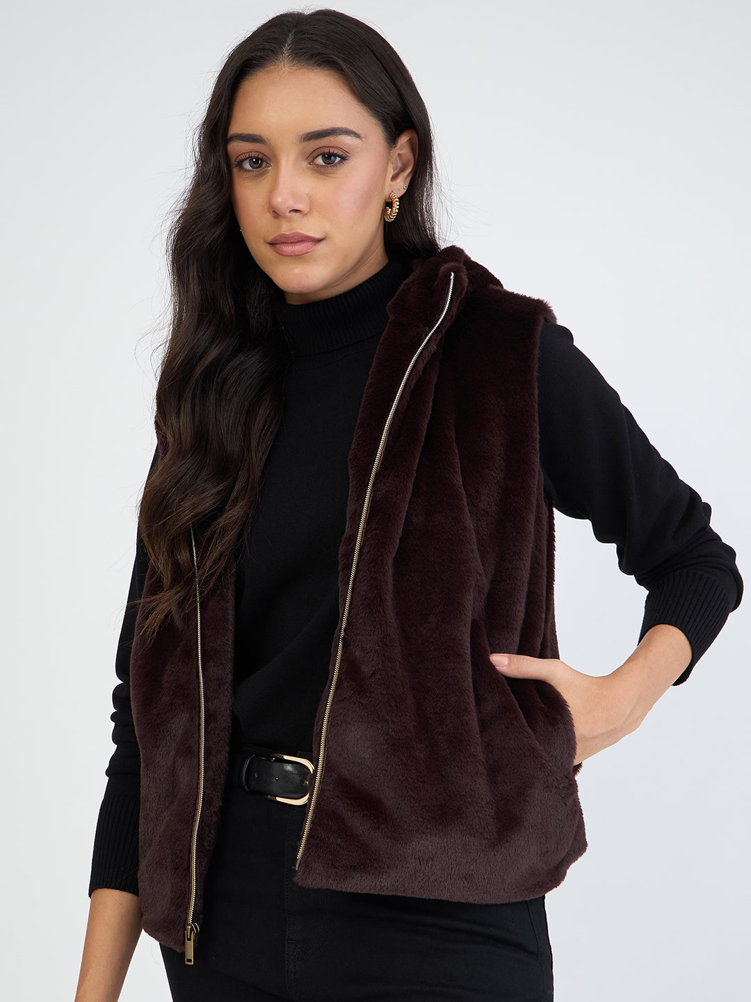 Coffee Brown Fur Sleeveless Hooded Jacket