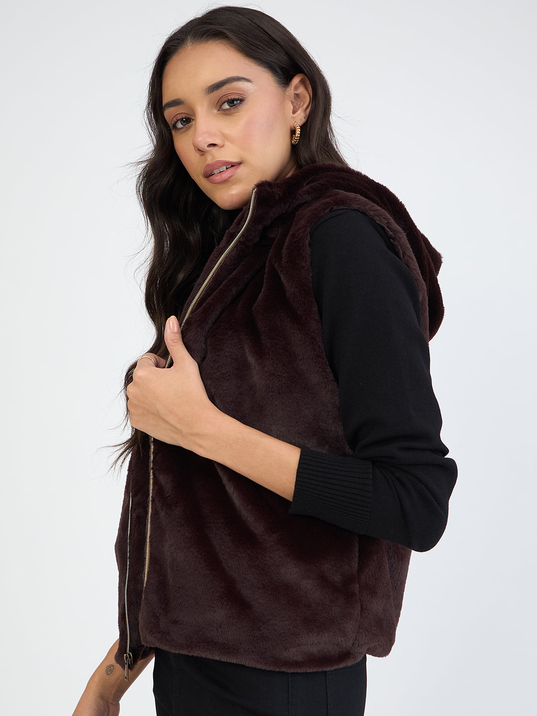Coffee Brown Fur Sleeveless Hooded Jacket