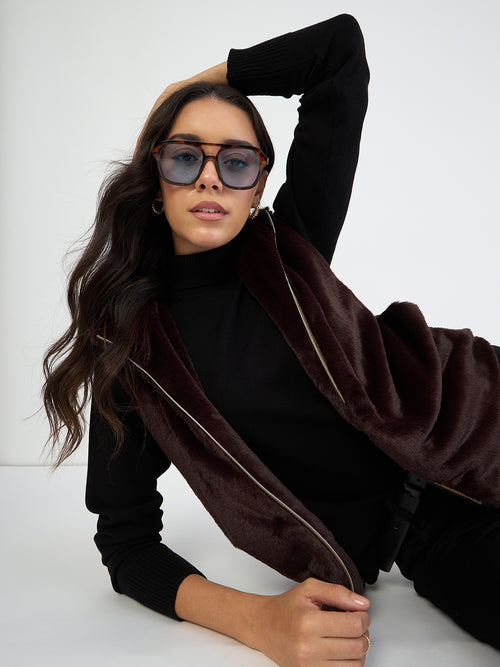 Coffee Brown Fur Sleeveless Hooded Jacket