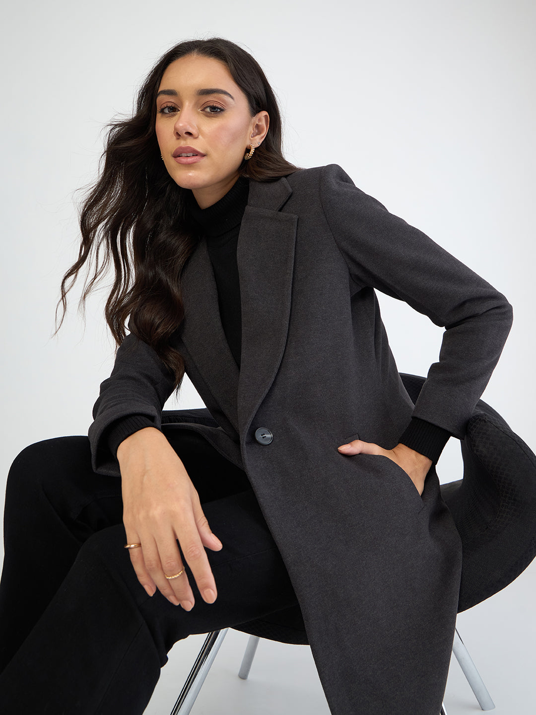 Grey Single Button Long Coat