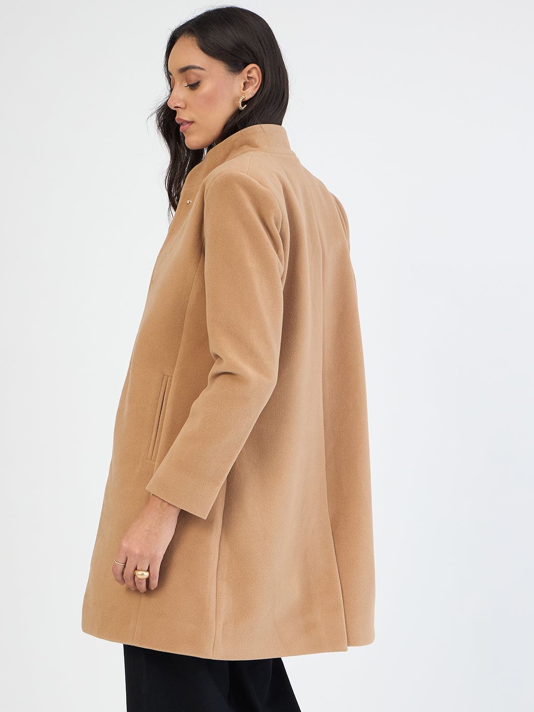 Fawn Beige Zip-Up Long Coat