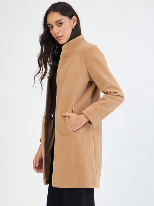 Fawn Beige Zip-Up Long Coat