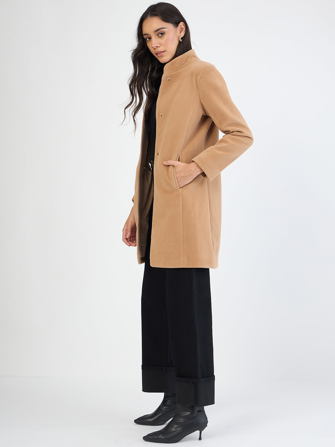 Fawn Beige Zip-Up Long Coat