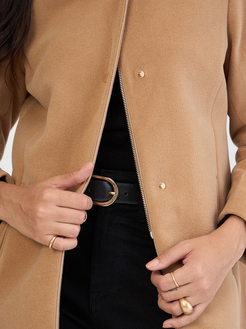 Fawn Beige Zip-Up Long Coat