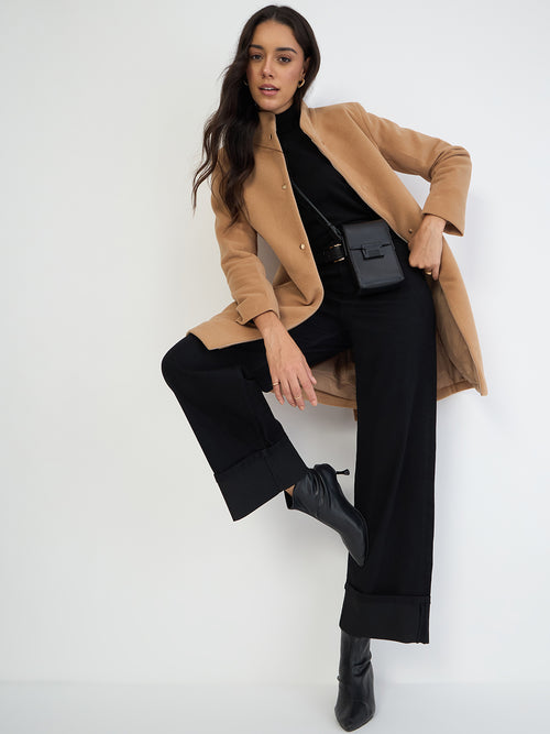 Fawn Beige Zip-Up Long Coat