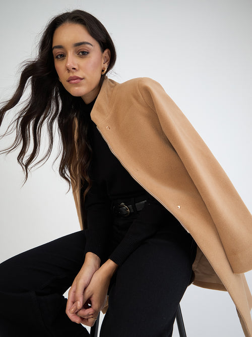 Fawn Beige Zip-Up Long Coat