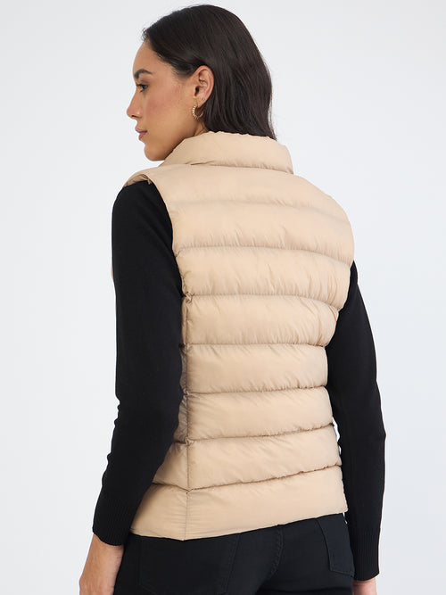 Beige Quilted Sleeveless Puffer Jacket