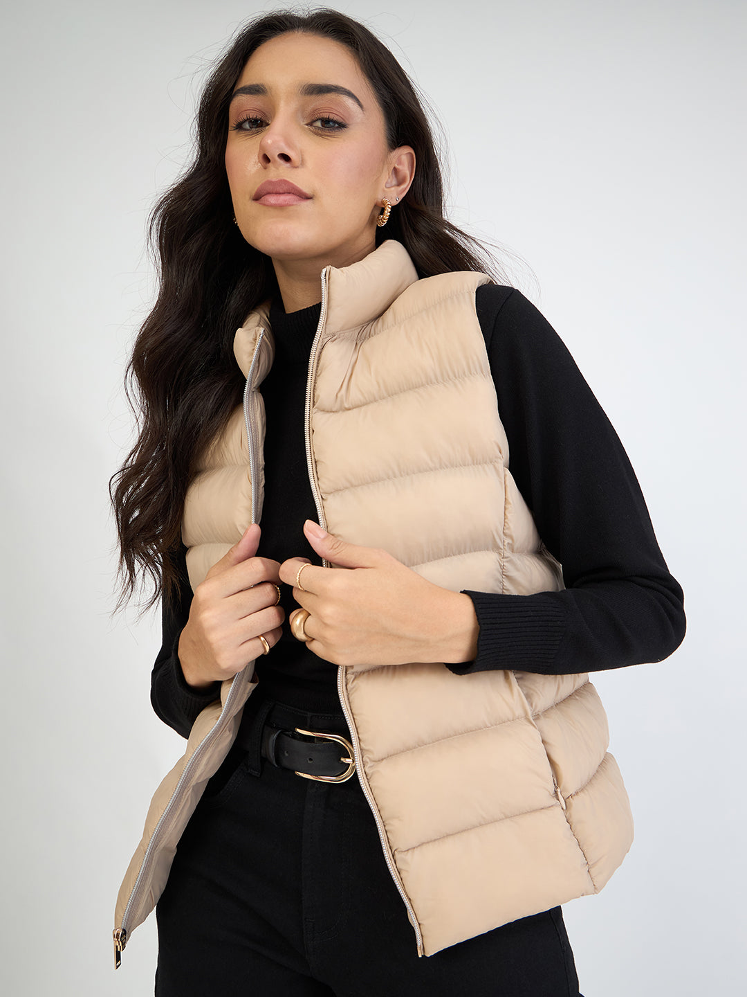 Beige Quilted Sleeveless Puffer Jacket