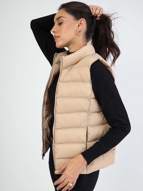 Beige Quilted Sleeveless Puffer Jacket