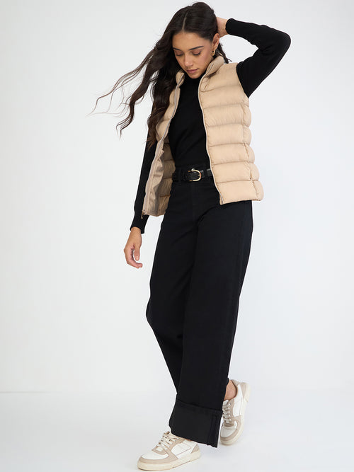 Beige Quilted Sleeveless Puffer Jacket