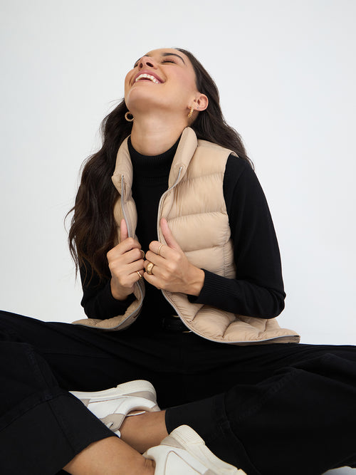 Beige Quilted Sleeveless Puffer Jacket