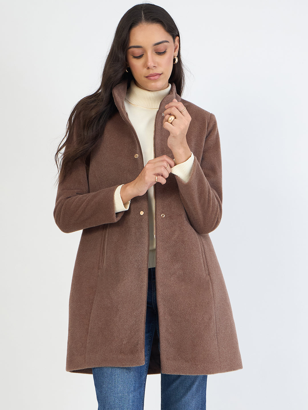 Mouse Brown Zip-Up Long Coat
